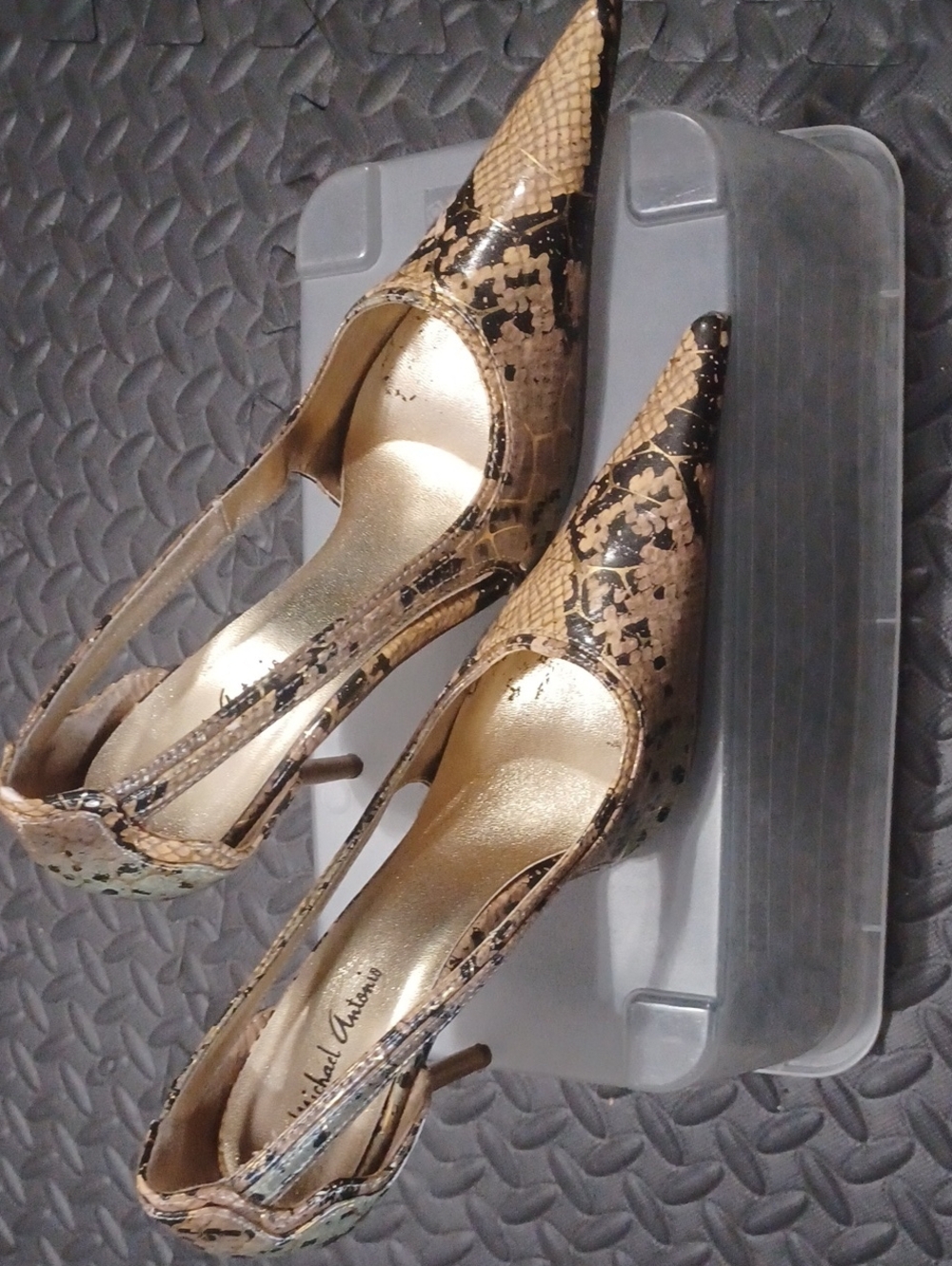 Pointed Slingback Heels in Tan and Black Snake Print with Gold Insole